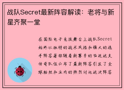 战队Secret最新阵容解读：老将与新星齐聚一堂