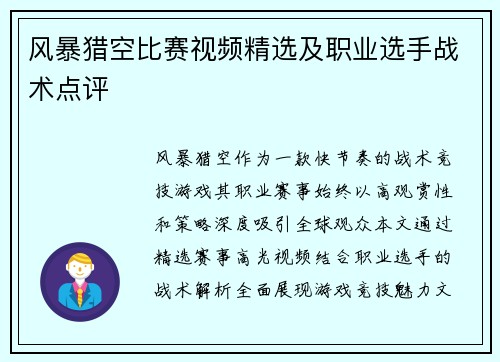 风暴猎空比赛视频精选及职业选手战术点评